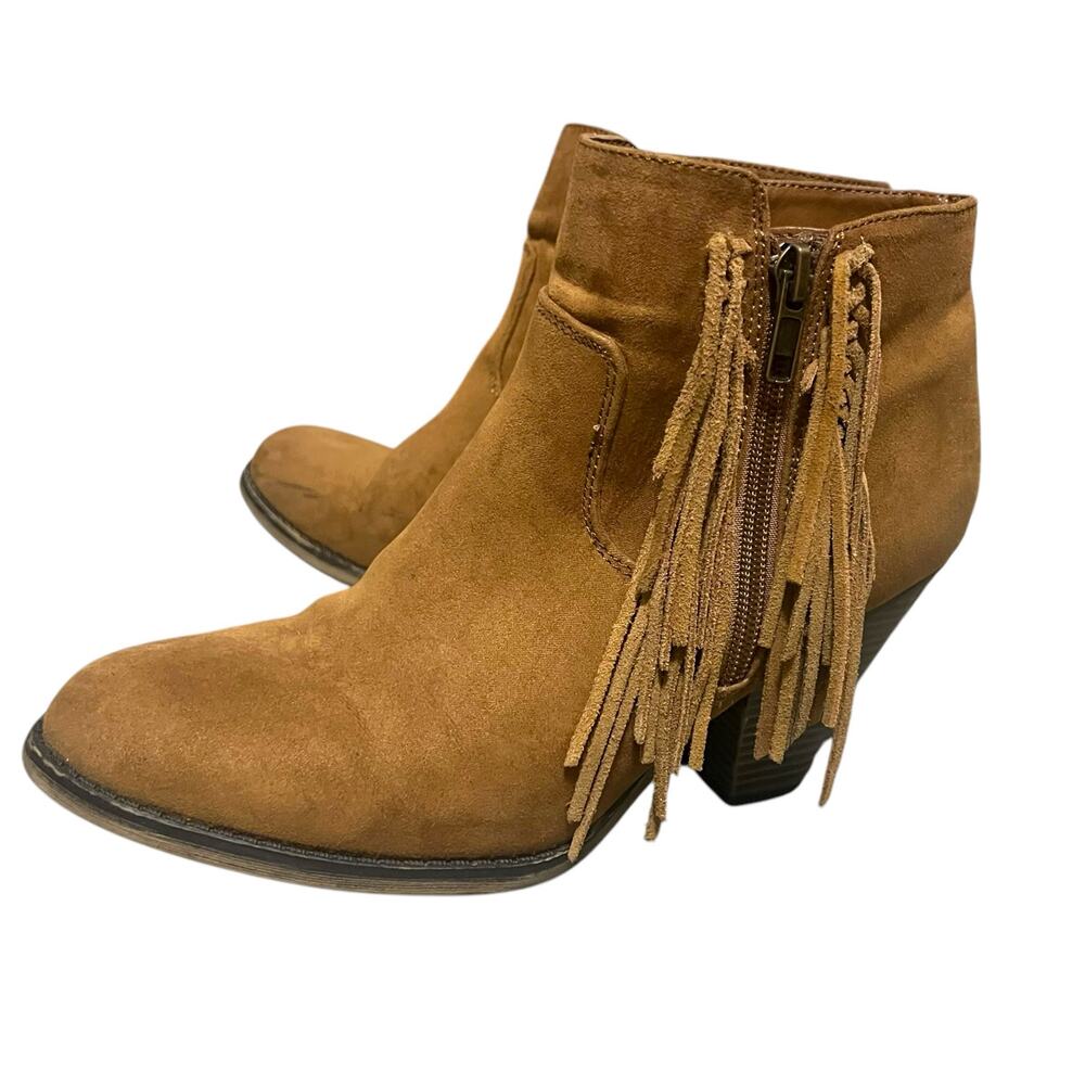 Mia Lindsie Brown Suede Leather Ankle Boots Side Zip Fringe Tassels Size 8.5